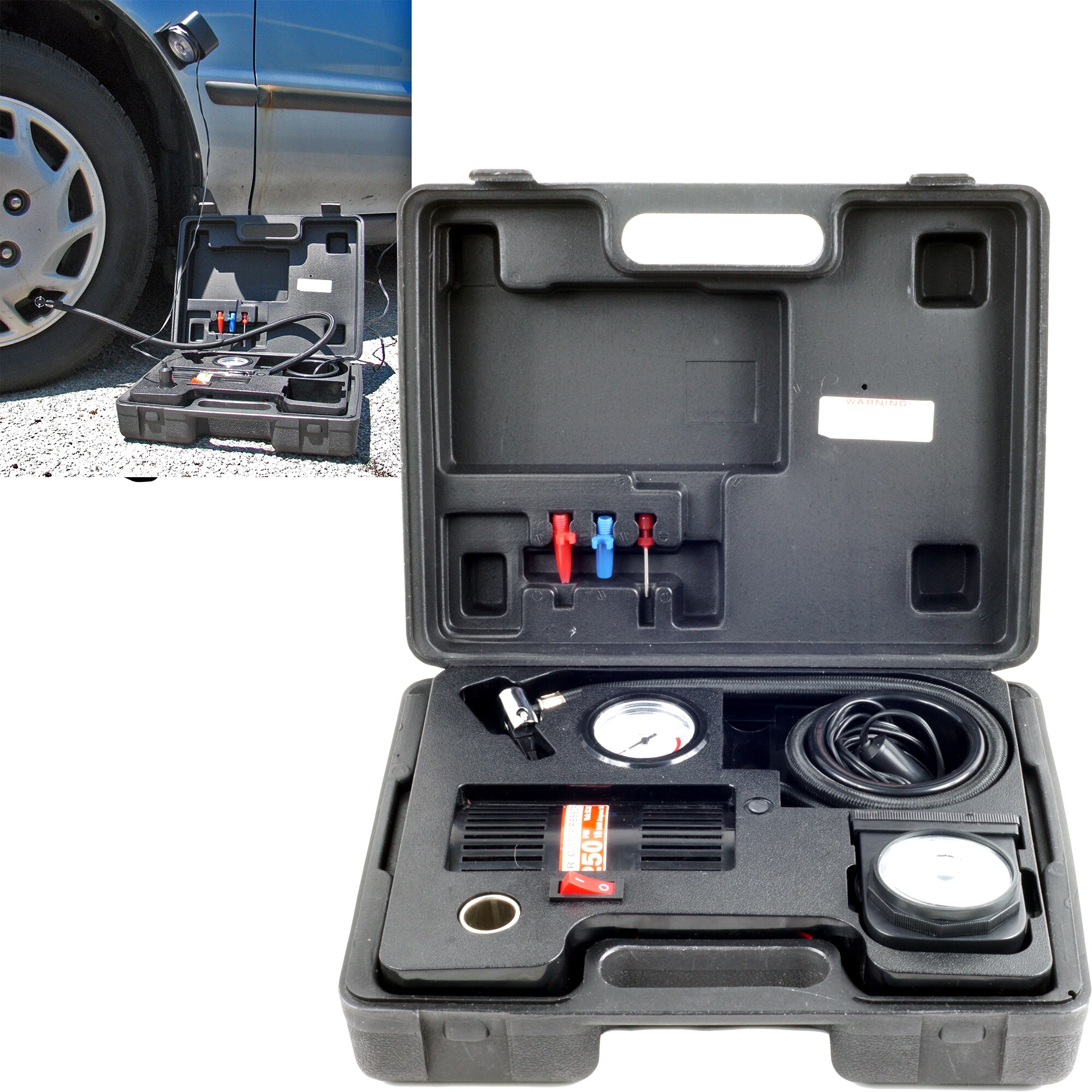 Stalwart Air Compressor Kit- Portable Tool Set with 250 Psi Compressor, Pressure-Gauge, Float Inflator, Light, Carrying Case - Image 1