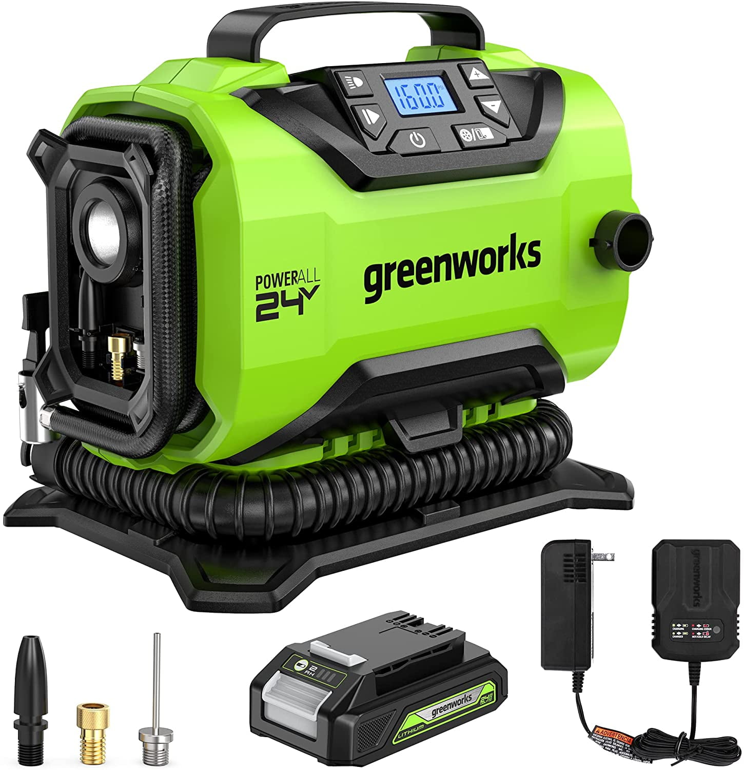 Greenworks 24V (12V/24V) Inflator Pump with 2Ah USB Battery & Charger - Image 1