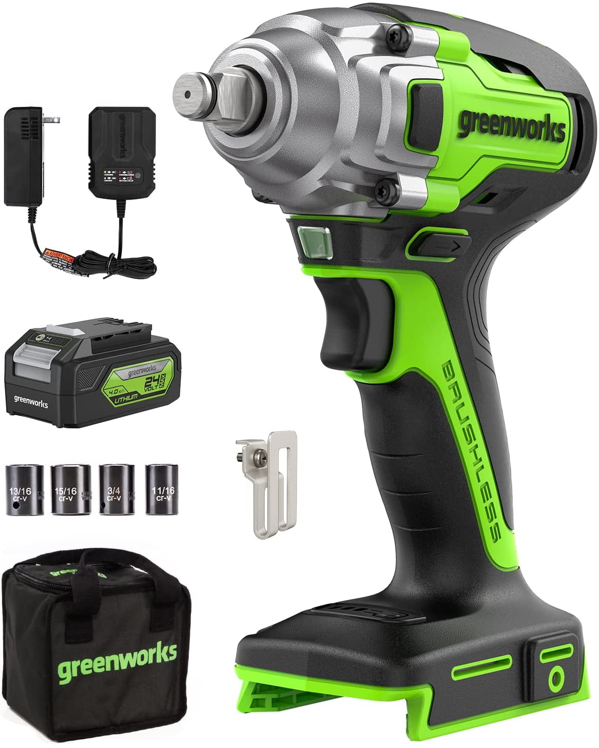 Greenworks 24V Brushless 1/2" 300 ft/lbs Impact Wrench with 4.0Ah Battery & Charger - Image 1