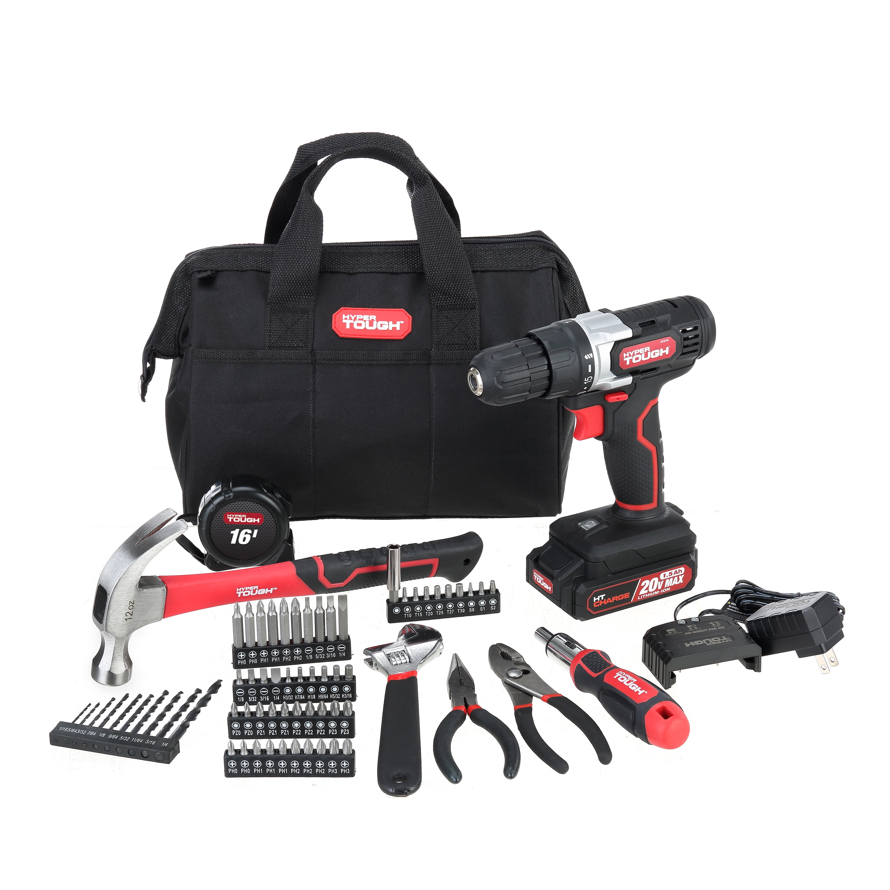 Hyper Tough 20V Max Lithium-Ion 3/8 inch Cordless Drill, 70-Piece Home Tool Set, 1.5Ah Lithium-Ion Battery & Charger, Bit Holder, & Storage Bag - Image 1
