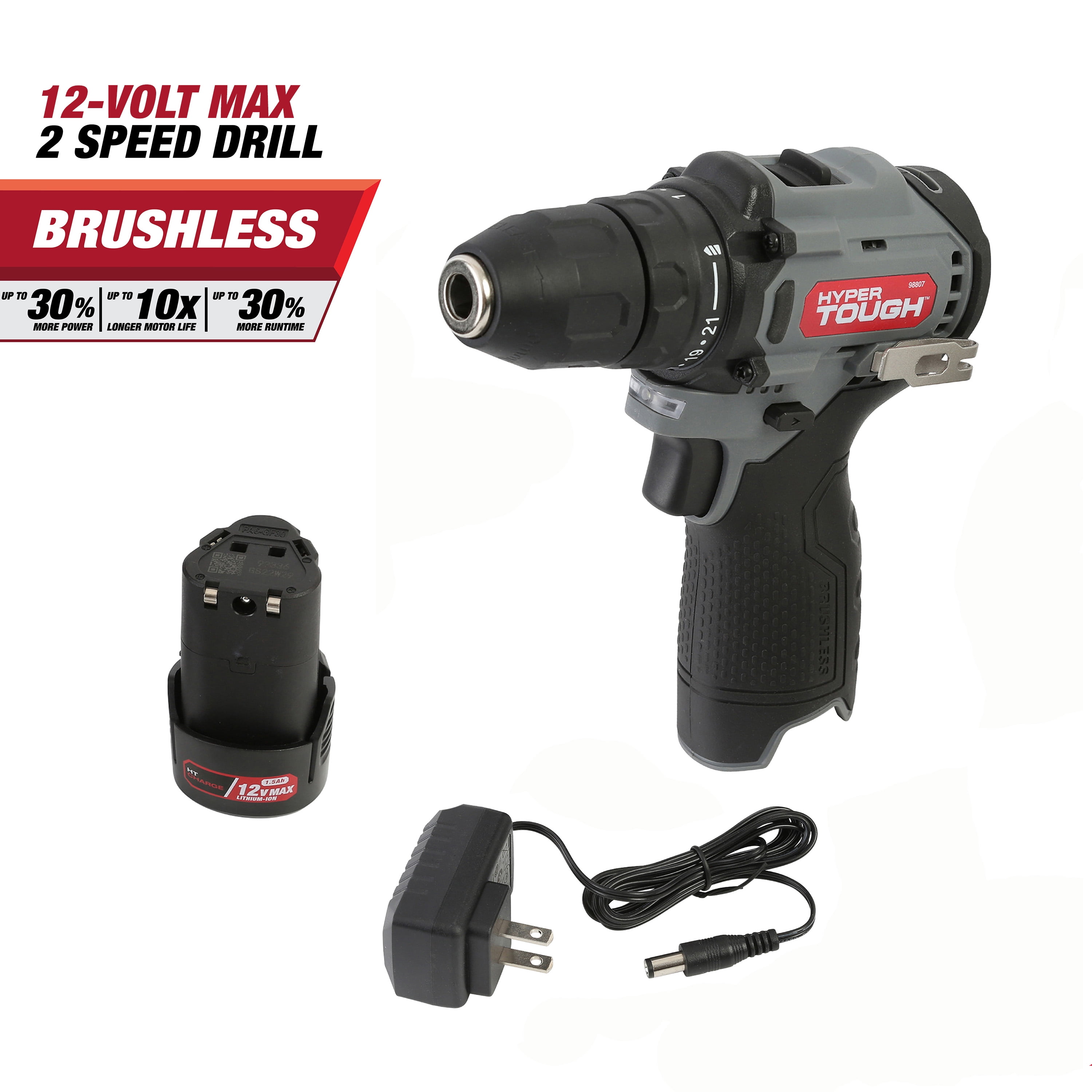 Hyper Tough 12V Max* Li-Ion Brushless 2-Speed 3/8-inch Drill Driver with 1.5Ah Battery & Charger, Model 98807 - Image 1