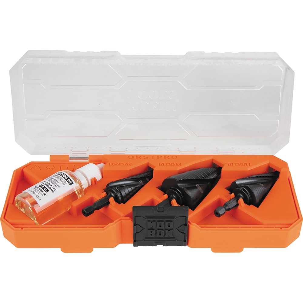 Klein Tools QRSTSPRO Premium 3-Piece Electrician's Step Bit Set with Cutting Oil, Modular Case, Impact Rated Quick Release, Double Spiral Flutes - Image 1