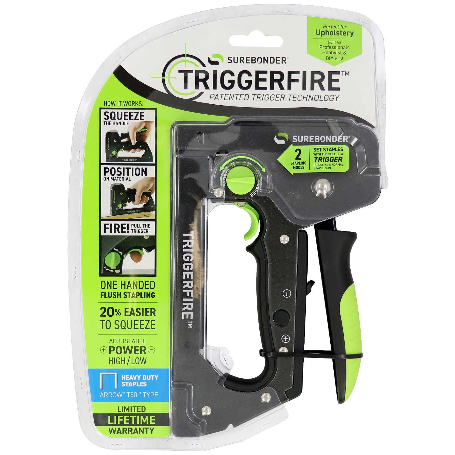 Surebonder TRIGGERFIRE Heavy Duty Narrow Crown Staple Gun with Trigger Mode - Upholstery, DIY, Wood - Uses Surebonder #4 or Arrow T50 Staples - Tool Only (5625) - Image 1