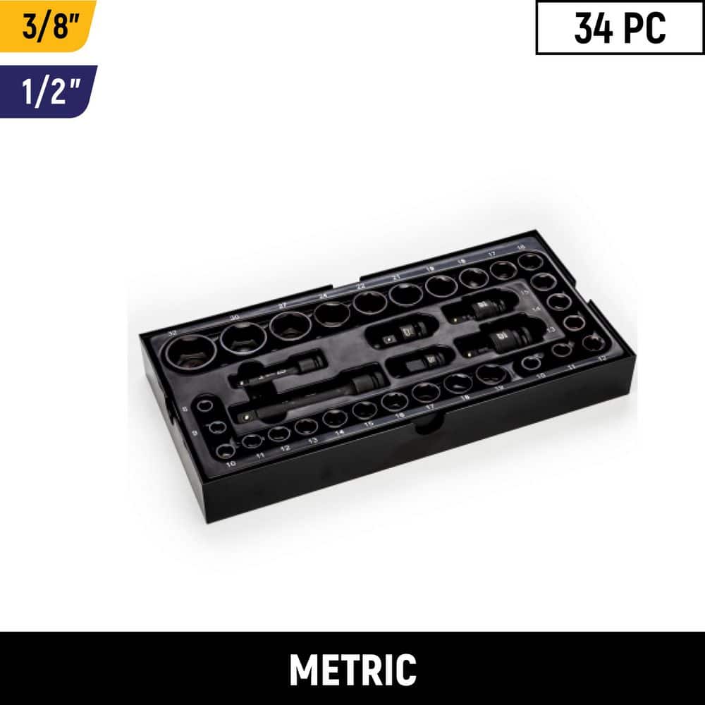 34-Piece Metric 3/8 in., 1/2 in. Impact Socket Tray Set - Image 1
