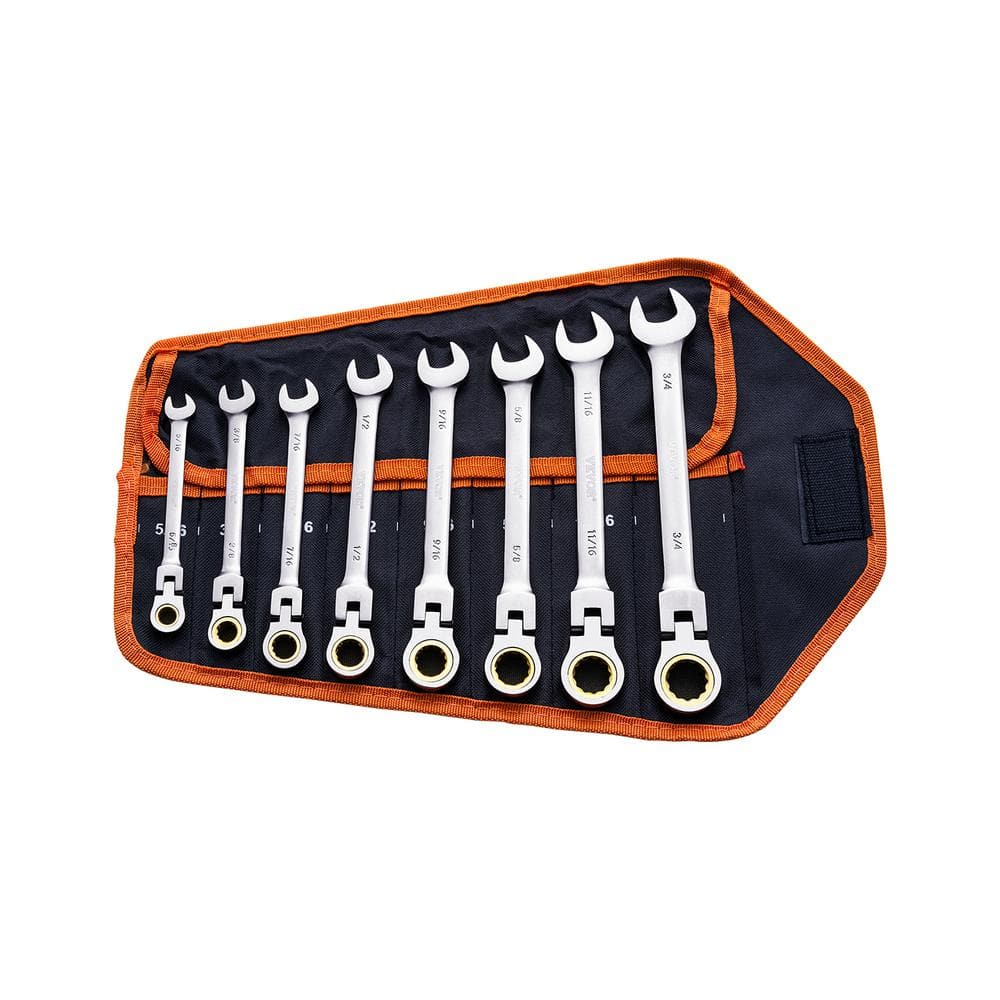VEVOR Flex-Head Ratcheting Wrench Set, Nickel Plating, 8-piece Flexible Ratcheting Combination Wrench Set with Roll-up Pouch, CR-V, 72 Teeth, SAE 5/16-3/4" - Image 1