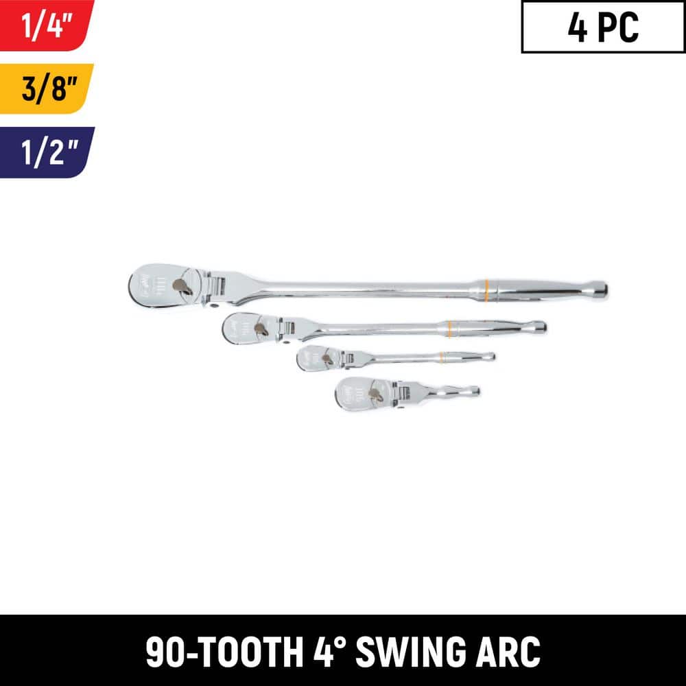 GEARWRENCH 4 Piece 1/4", 3/8" & 1/2" Drive 90 Tooth Full Polish Flex-Head RATCHET Set - 81230T, Multicolored - Image 1