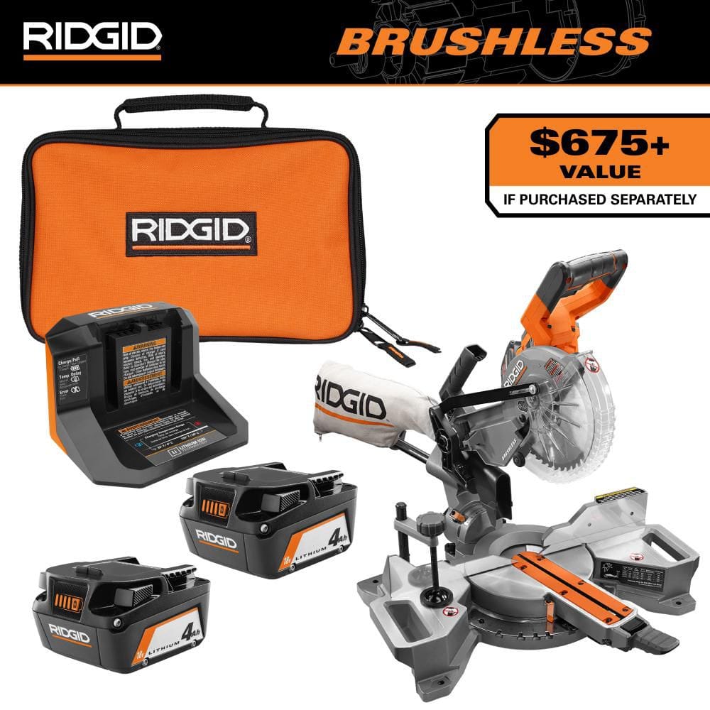 18V (2) 4.0 Ah Batteries and Charger Kit with 18V Brushless Cordless 7-1/4 in. Dual Bevel Sliding Miter Saw - Image 1