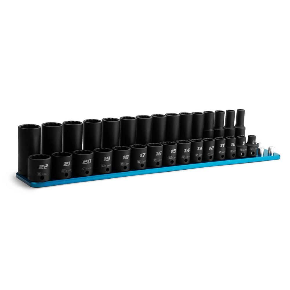 3/8 in. Drive Metric 12-Point Shallow and Deep Impact Socket Set with Blue Billet Aluminum Socket Rail (30-Piece) - Image 1