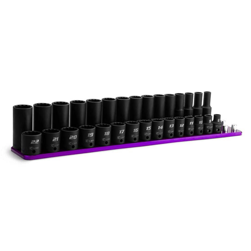 3/8 in. Drive Metric 12-Point Shallow and Deep Impact Socket Set with Purple Billet Aluminum Socket Rail (30-Piece) - Image 1