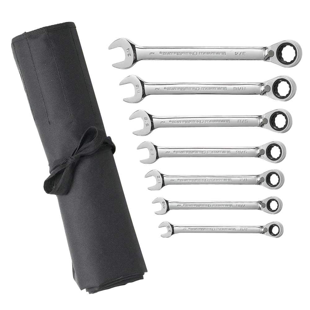 7 Piece 72-Tooth 12 Point Reversible Ratcheting Combination SAE Wrench Set with Tool Roll - Image 1