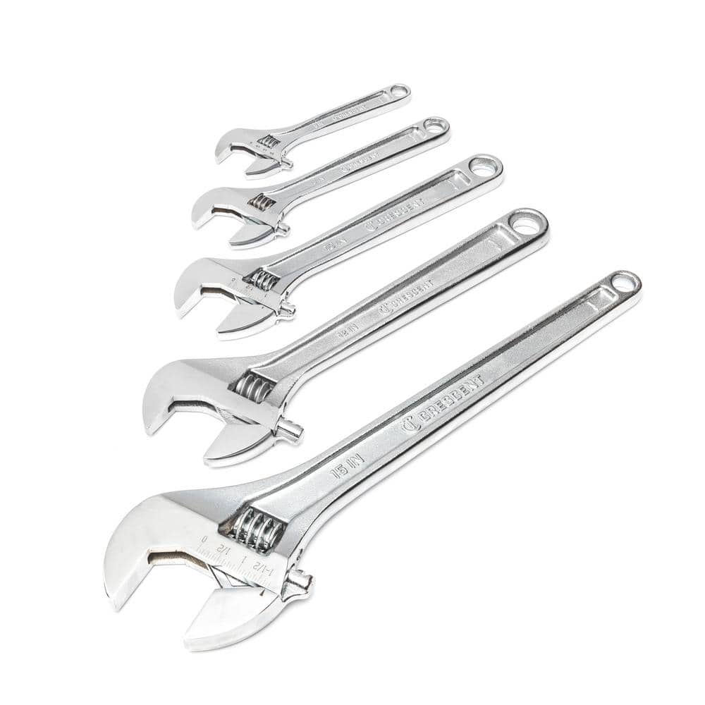 6 in., 8 in., 10 in., 12 in., and 15 in. Chrome Adjustable Wrench Set (5-Piece) - Image 1