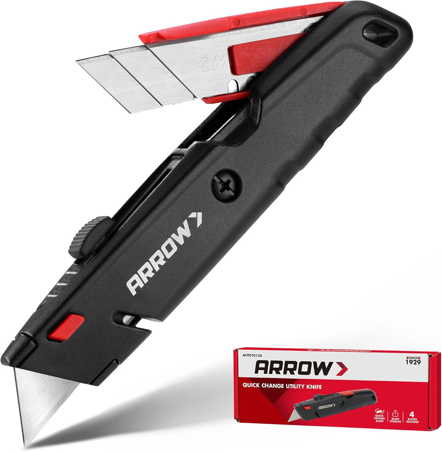 ARROW Retractable Box Cutter, Quick Change Utility Knife with Blade Storage Design, Heavy Duty Aluminum Razor Knife, Twine Cutter, 3 Extra SK2 Blades Included - Image 1