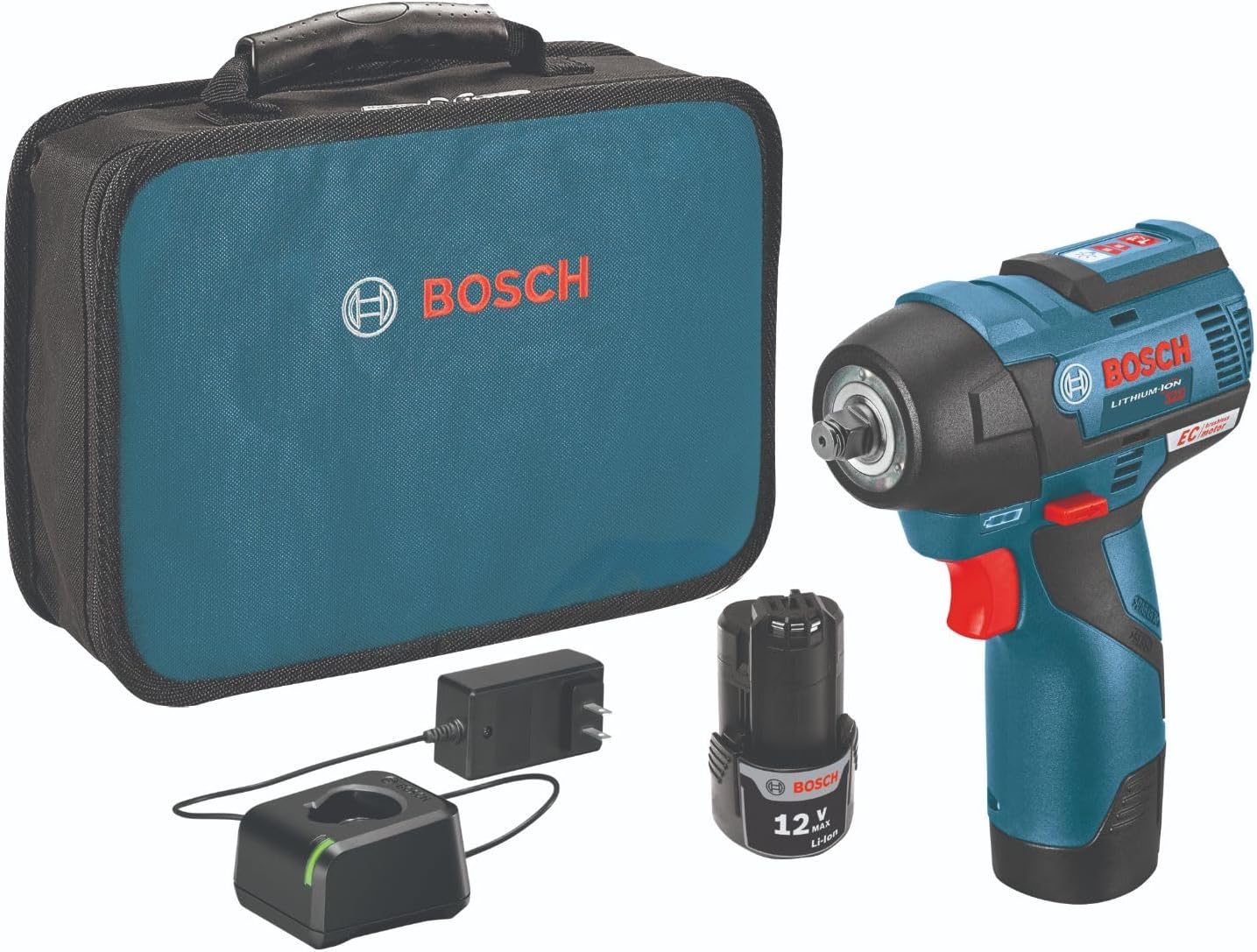BOSCH PS82-02 12V Max EC Brushless 3/8 In. Impact Wrench Kit - Compact, Lightweight, 85 Ft.-Lbs. Max Torque, Two Speed Settings, LED Light Ring, Includes Batteries, Charger, Belt Clip, Carrying Bag - Image 1