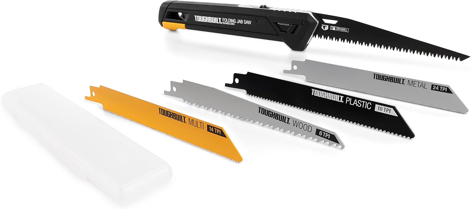 ToughBuilt - Folding Jab/Utility Saw, Drywall Blade w/triple-edge teeth (8 TPI) for faster cutting, + 4 Blades, Quick-fold and blade release mechanism - TB-H4S5-23FU - Image 1