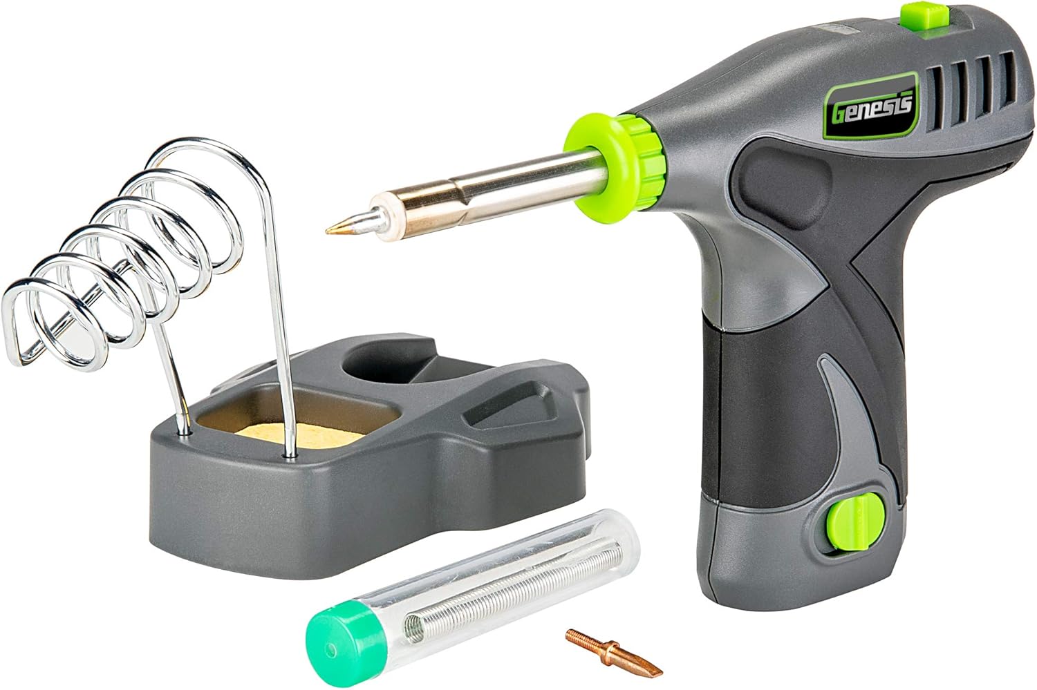 Genesis GLSI08 8V Li-Ion Cordless Soldering Iron with Iron Holder, Solder Wire, Fine Tip, Chisel Tip, Removable Rechargeable Battery, Charger and 2 Year Warranty - Image 1