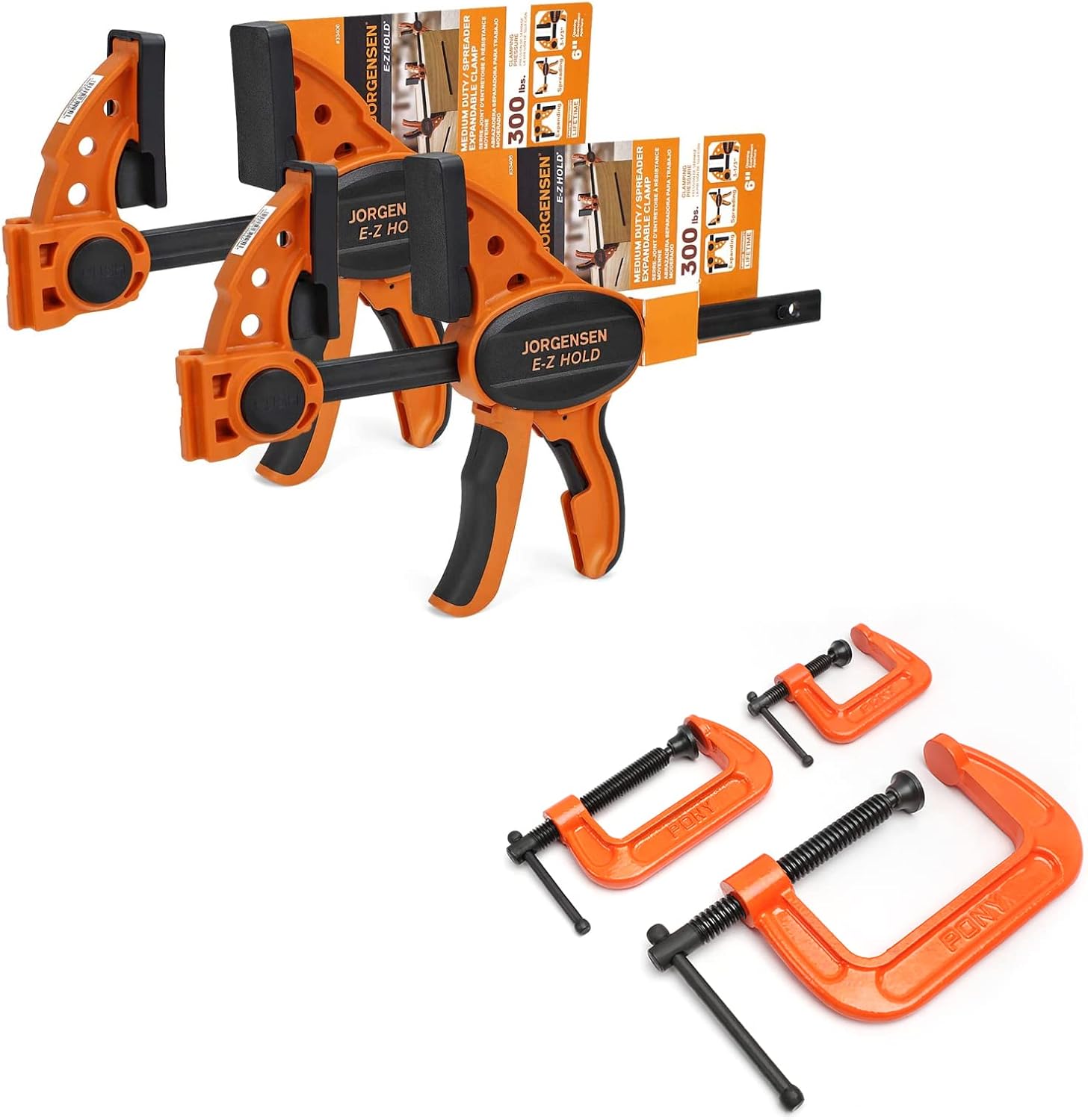 Pony Jorgensen 5-Piece Clamp Set, Bar Clamps(6"), C-Clamp(1", 2", 3") - Image 1
