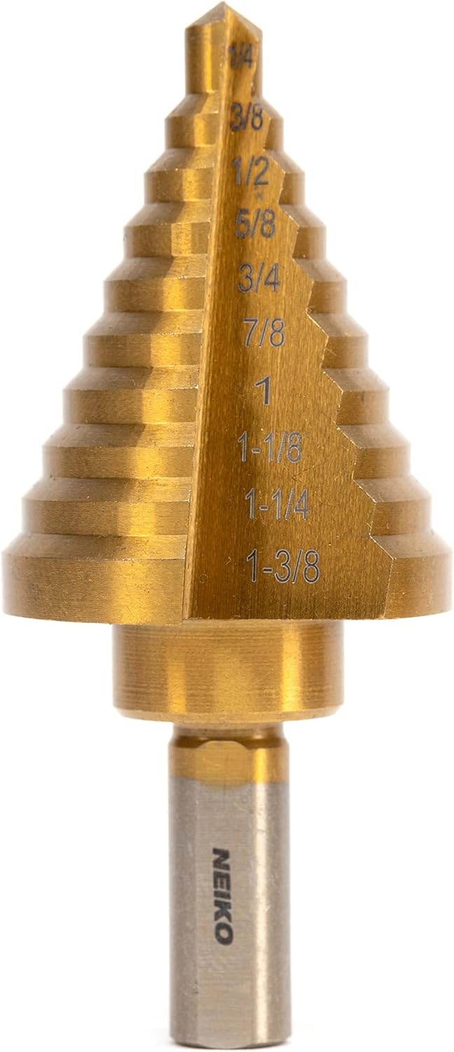 NEIKO 10194A Titanium Step Drill Bit, High-Speed Alloy-Steel Bit, Hole Expander for Wood and Metal, 10 Step Sizes from 1/4 Inch to 1 3/8 Inches (Pack of 100) - Image 1