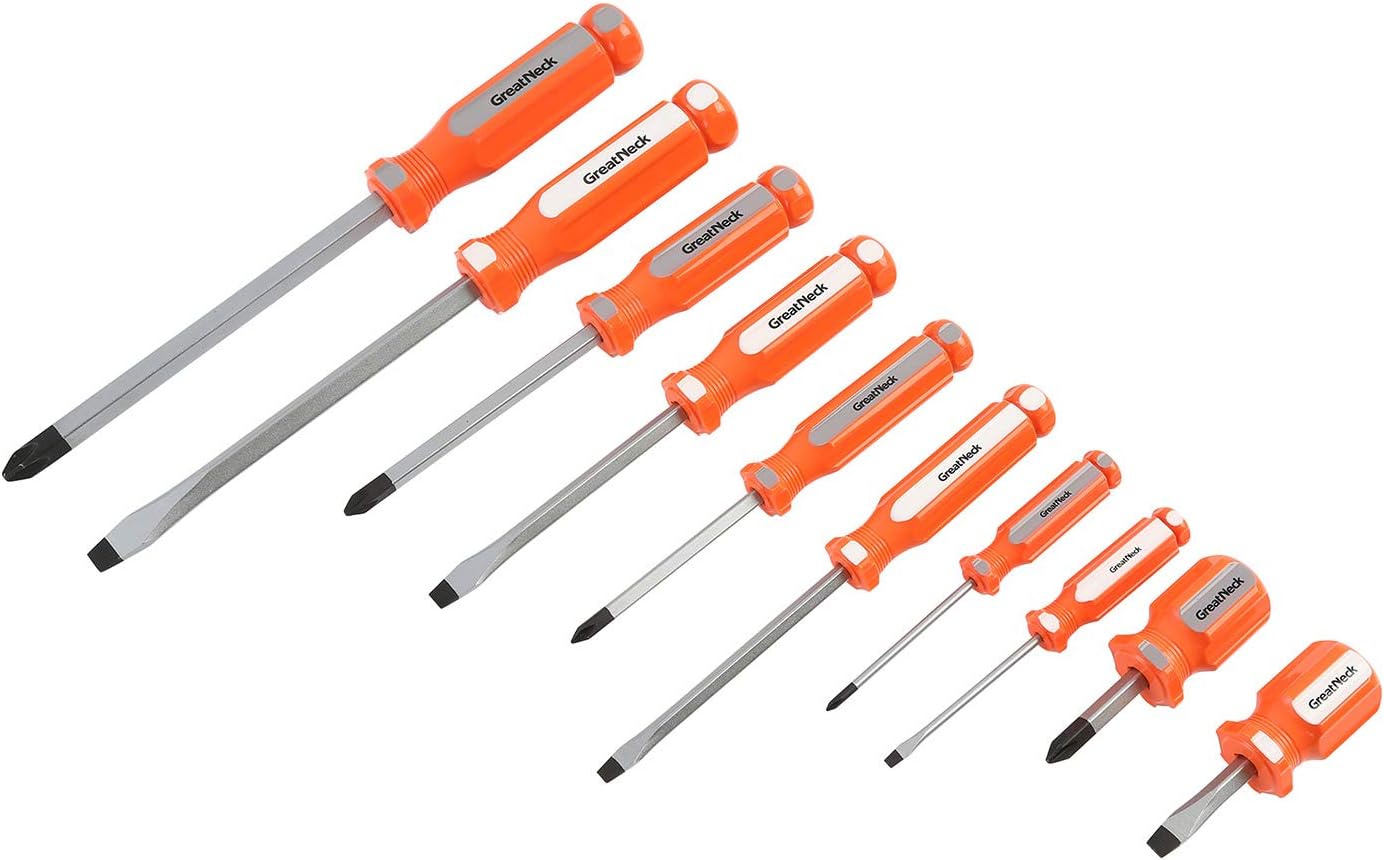 GreatNeck 73773 10 Piece Screwdriver Set, Phillips and Slotted Screwdriver Kit, Magnetic Tips, Impact-Resistant Handle with Fluted Design for Sure Grip - Image 1