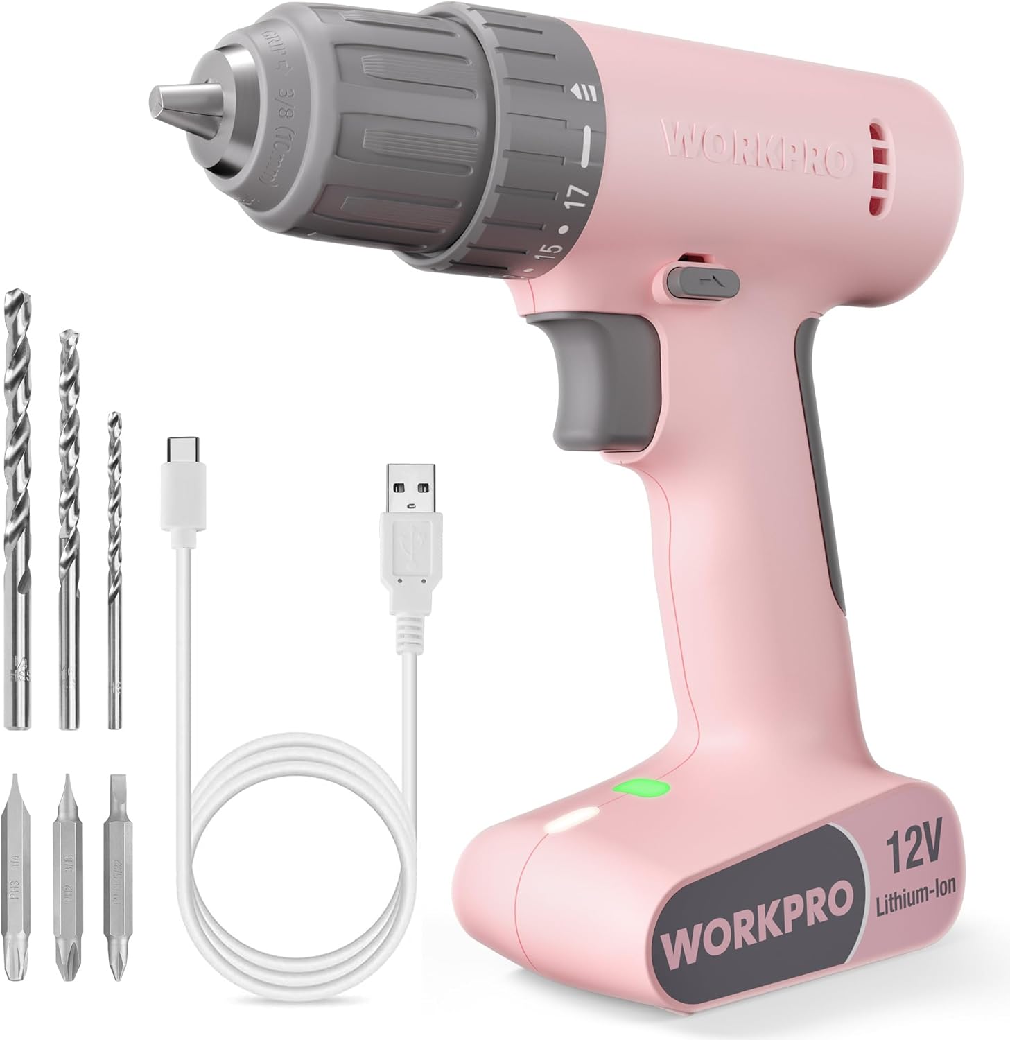 WORKPRO Pink Cordless Drill Driver Set, 12V Electric Power Drill Tool Kit with 6 Pcs Bits, 3/8-Inch Keyless Chuck, Variable Speed, 18 Touque Setting, Type-C Charge Cable, Led Light, Pink Ribbon - Image 1