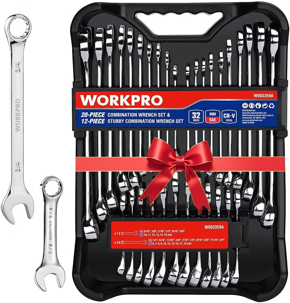 WORKPRO 32-Piece SAE & Metric Combination Wrenches Set, 20-Piece Standard wrenches and 12-Piece Stubby Wrenches with Organizer Tray, Cr-V Steel Mirror Chrome Polished - Image 1