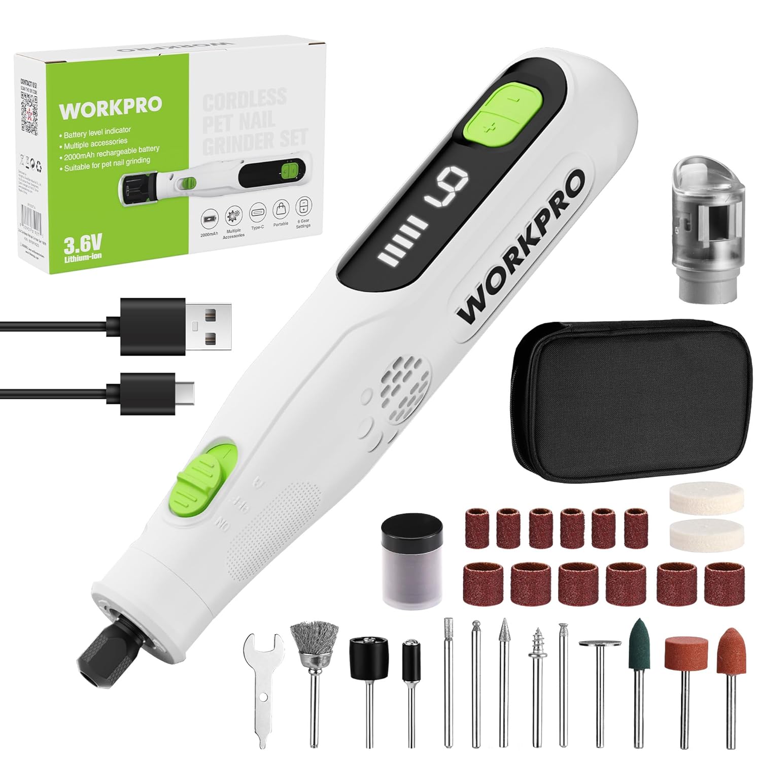 WORKPRO 3.6V Cordless Rotary Tool Kit, 70 Accessories, 6 Variable Speeds, Type-C Rechargeable, Mini Power Rotary Tool for Sanding, Polishing, Engraving and Pet Nail Grooming - Image 1