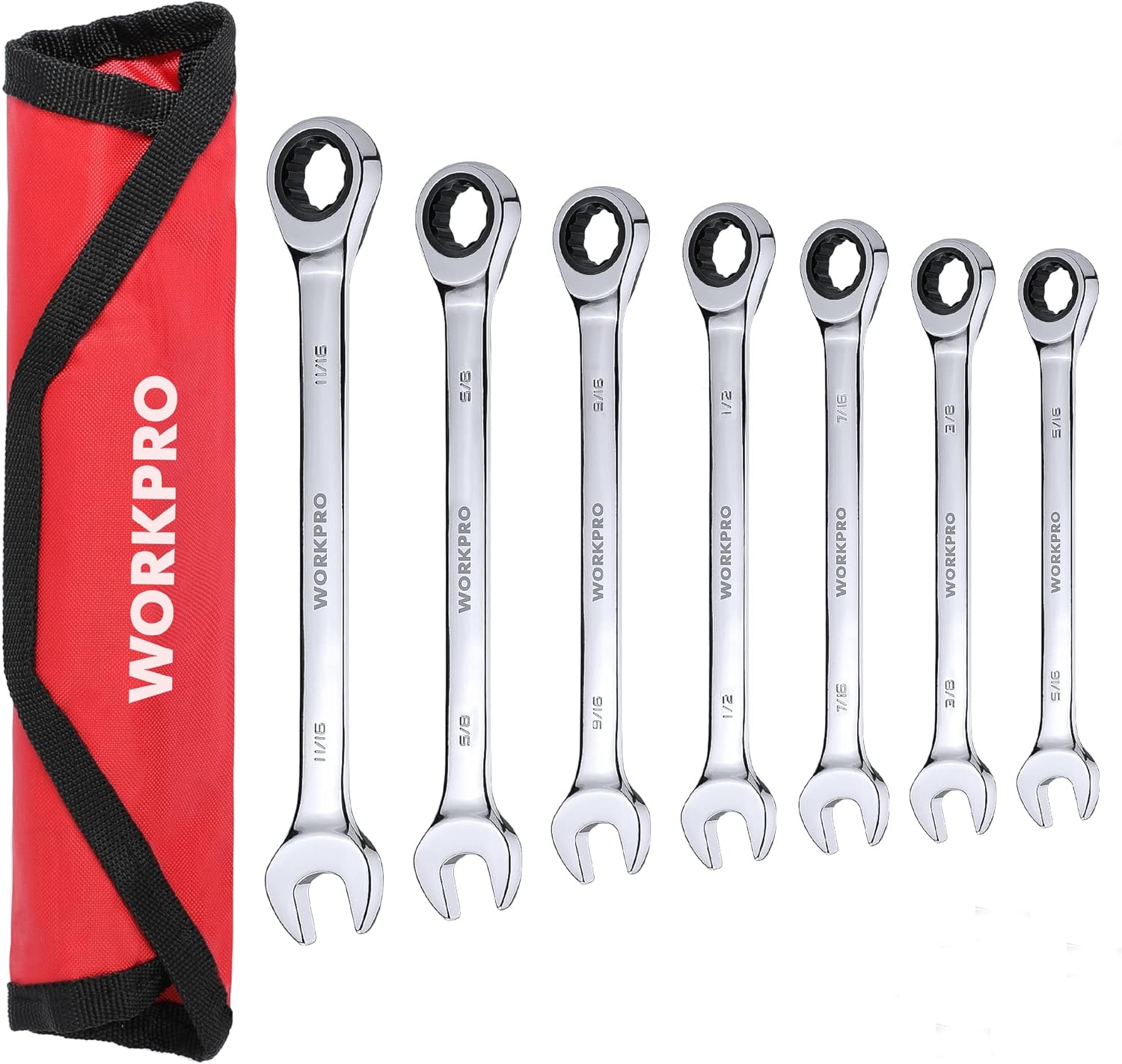 WORKPRO 7-Piece Ratcheting Combination Wrench Set, 72 Teeth, Cr-V Constructed, Combo Ratchet Wrenches Set with Roll Up Pouch, SAE 5/16"-11/16" - Image 1