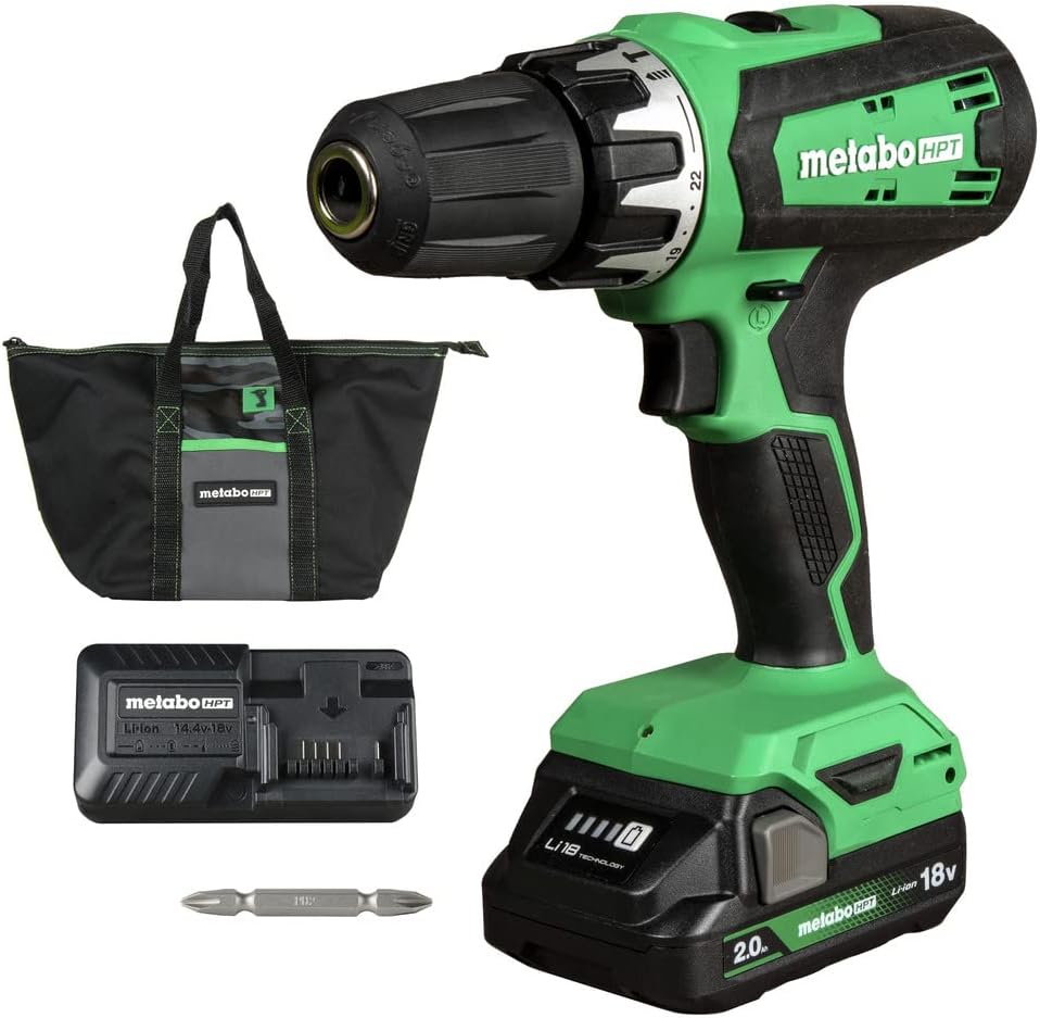 Metabo HPT 18V Cordless Drill Driver Kit, 1/2-Inch Keyless Chuck, Compact Power Drill Driver with 2.0Ah Lithium-Ion Metabo Battery, Charger and Bag, Powerful 470 in-lbs Torque, Two Speed Gear, DS18DFX - Image 1