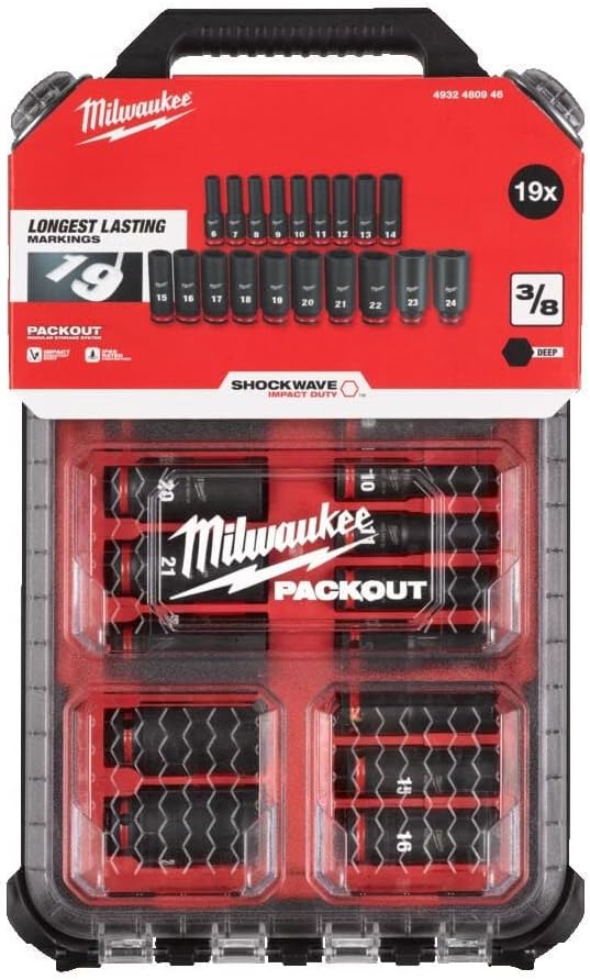 Milwaukee 4932480946 3/8 Drive Packout Deep Impact Shockwave Socket Set 19 Piece - Image 1