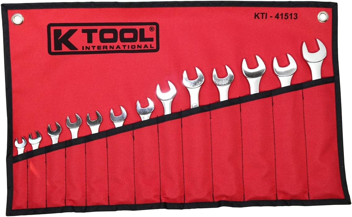 K Tool International 41513 Metric Combination Wrench Set for Garages, Repair Shops and DIY, Raised Panel, Chrome Plated, Heat Treated, Drop Forged Steel, Sizes 7 to 19mm, Carrying Pouch, 13-Piece - Image 1