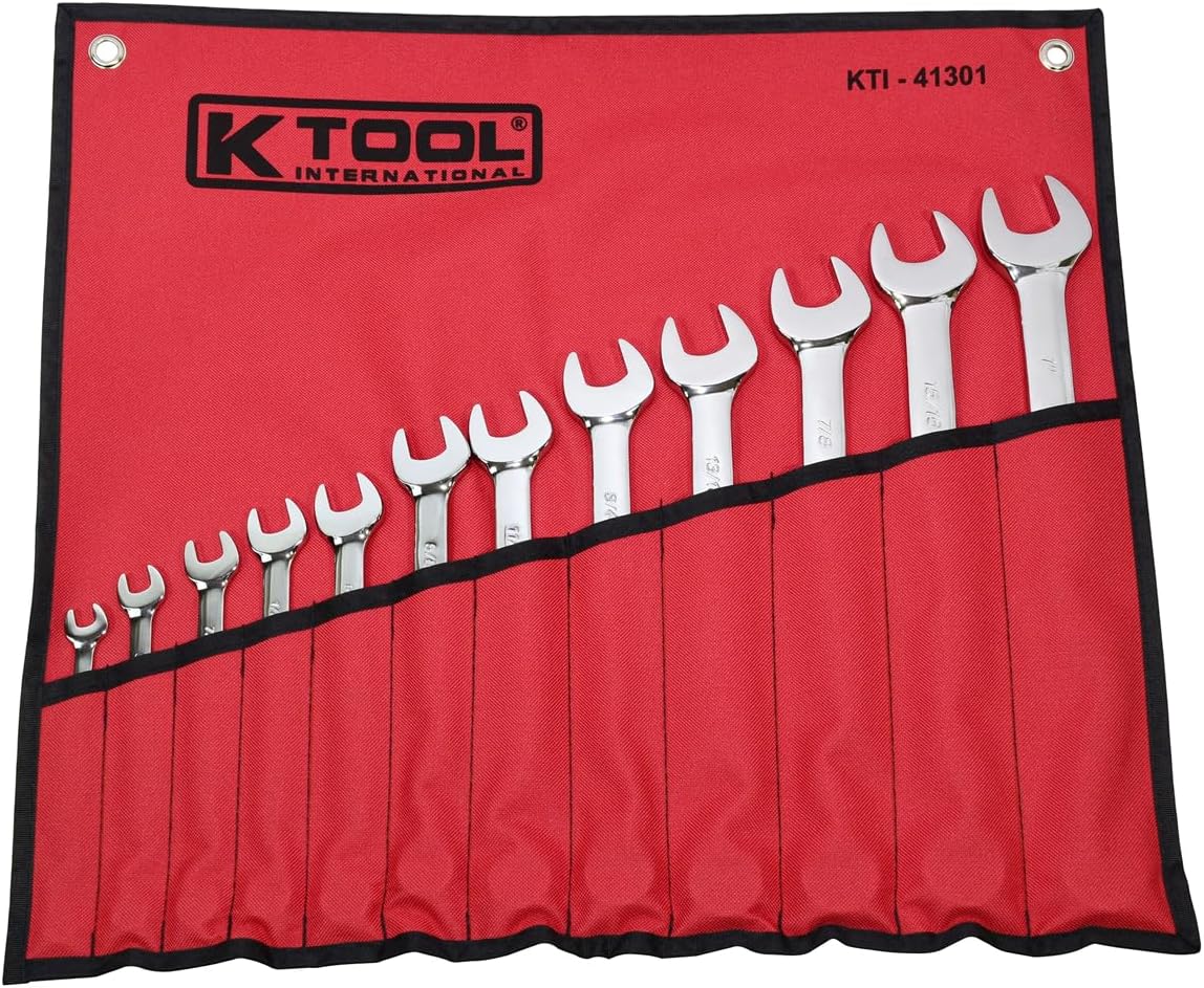 K Tool International 41301 SAE Combination Wrench Set for Garages and Repair Shops, Polished Chrome, 5/16", 3/8", 7/16", 1/2", 9/16", 5/8", 11/16", 3/4", 13/16", 7/8", 15/16", 1", 12 Piece - Image 1