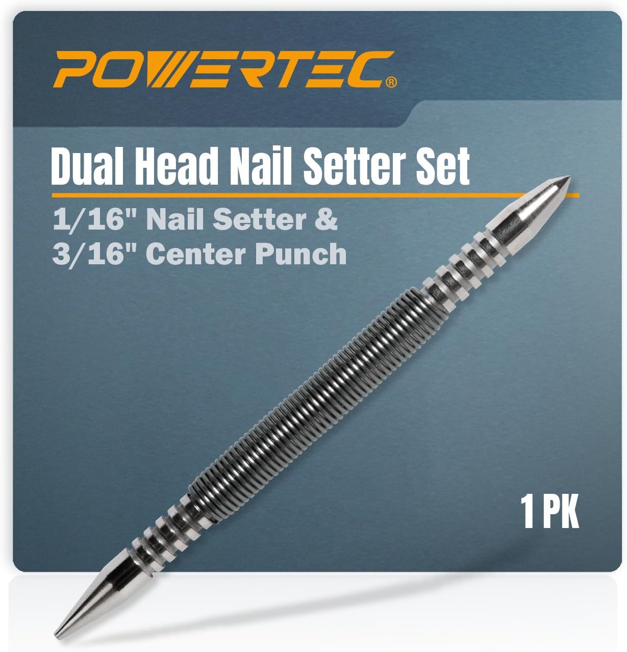 POWERTEC Dual Head Nail Setter & Center Punch, Spring Loaded 1/16" Nail Punch with 3/16" Center Punch, 5000 PSI Striking Force for Marking & Setting Proud Brad Nails, 1PK (71939) - Image 1