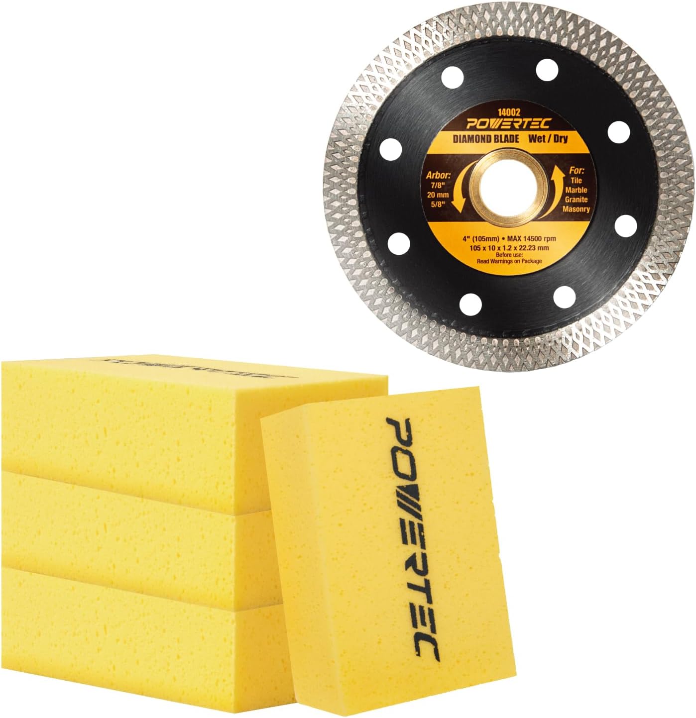 POWERTEC 14032 4 Inch Diamond Saw Blade for Handheld Tile Saw & Angle Grinder – 1pk Super Thin Turbo Mesh Rim Blade for Cutting Porcelain, Granite & Ceramic Tile, w/4pk Large Square Grout Sponge - Image 1