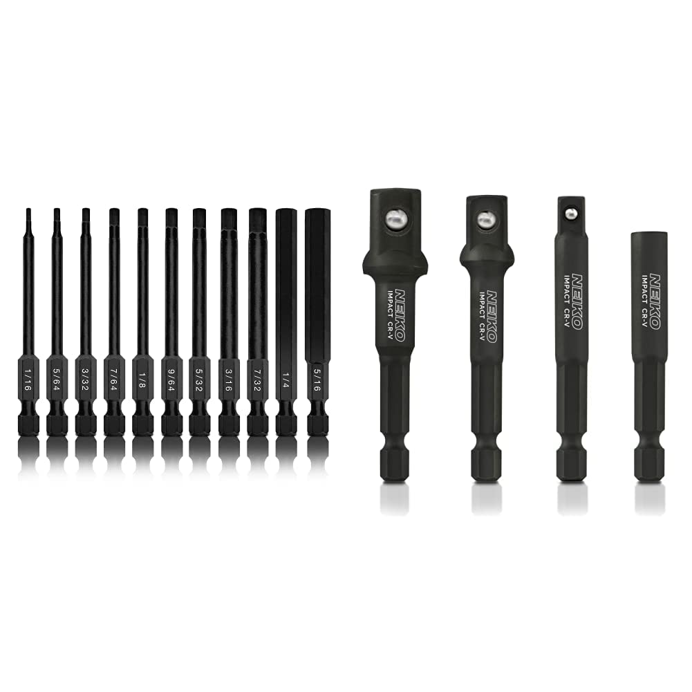 Neiko 01147A Hex Allen Power Bit Set, 11-Piece SAE Sizes 1/16" to 5/16" & 00244A Impact Socket Adapter and Magnetic Bit Holder Set | 4-Piece Set | 1/4-Inch Hex Shank - Image 1