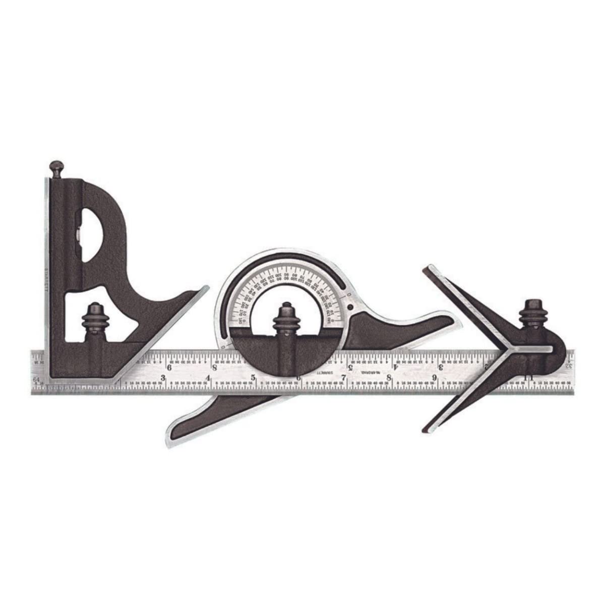 Starrett Combination Set with Square, Center and Non-Reversible Protractor Head and Blade - 12" Blade Length, Hardened Steel, 4R Graduation Type - 9-12-4R - Image 1