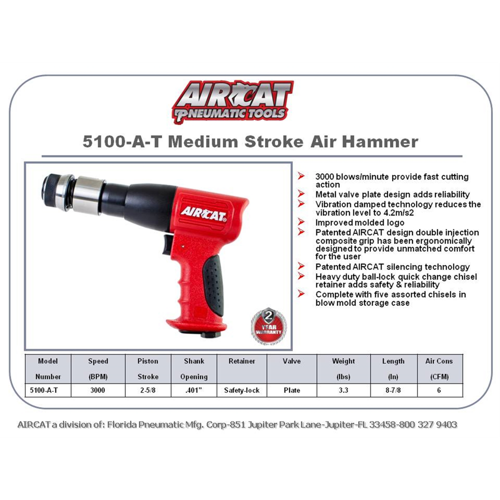 AIRCAT Pneumatic Tools 5100-A-T: .401-Inch Shank Composite Medium Stroke Air Hammer 3,000 BPM - Hammer - Image 1