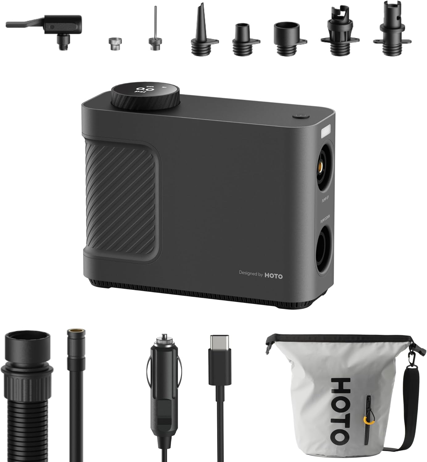 HOTO Air Pump Master, Portable Cordless Tire Inflator, Electric Air Pump with 9 Pump Modes, 12V DC Car Connector for Car, Bikes, Inflatable Pool Float, Air Mattress, Kayak, Tent, Paddle Board, Sup - Image 1