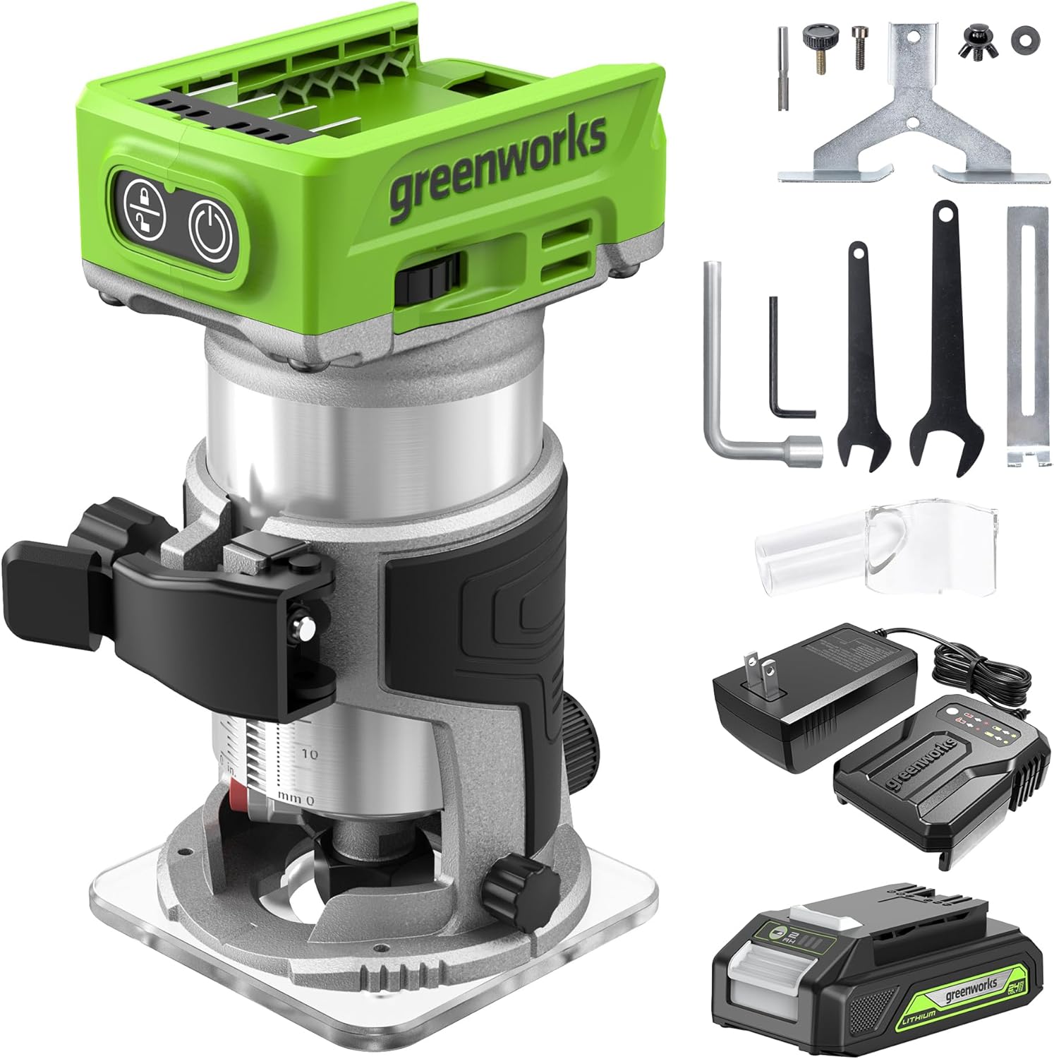 Greenworks 24V Cordless Trim Router, Variable Speed Brushless Motor Compact Palm Router with 2Ah Battery and Charger - Image 1