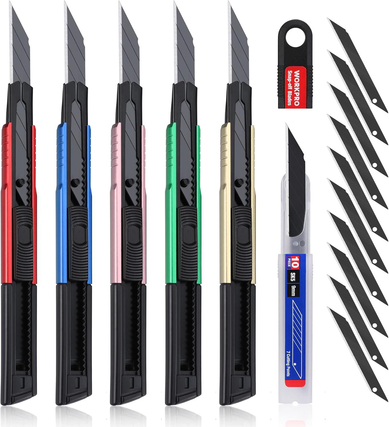 WORKPRO Premium Utility Knife Retractable Snap-off Blade, Heavy Duty Aluminum Box Cutter Set, Razor Knife Exacto Craft Knives, with 10 Extra 9mm Blades, Pack of 5 - Image 1
