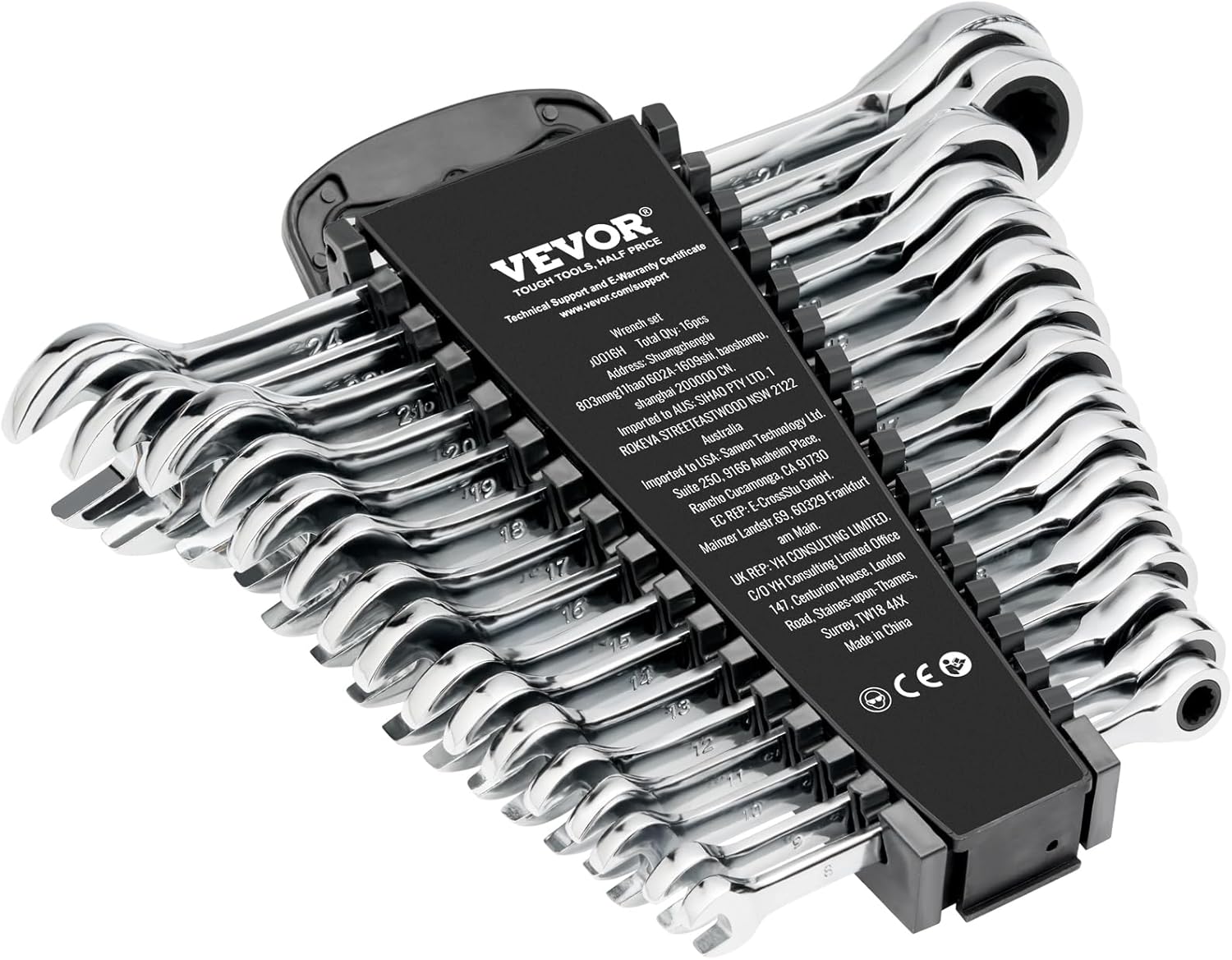 VEVOR Combination Wrench Set, 16-Piece Ratcheting Wrench Set with Organizer Rack, Cr-V Steel, Metric 8 mm to 24 mm, Ideal for General Household, Garage, Workshop, Auto Repairs, Emergency - Image 1