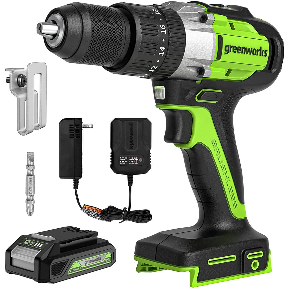 Greenworks 24V 1/2" Cordless Brushless Hammer Drill Kit + 2Ah Battery & Charger 3706602 - Image 1