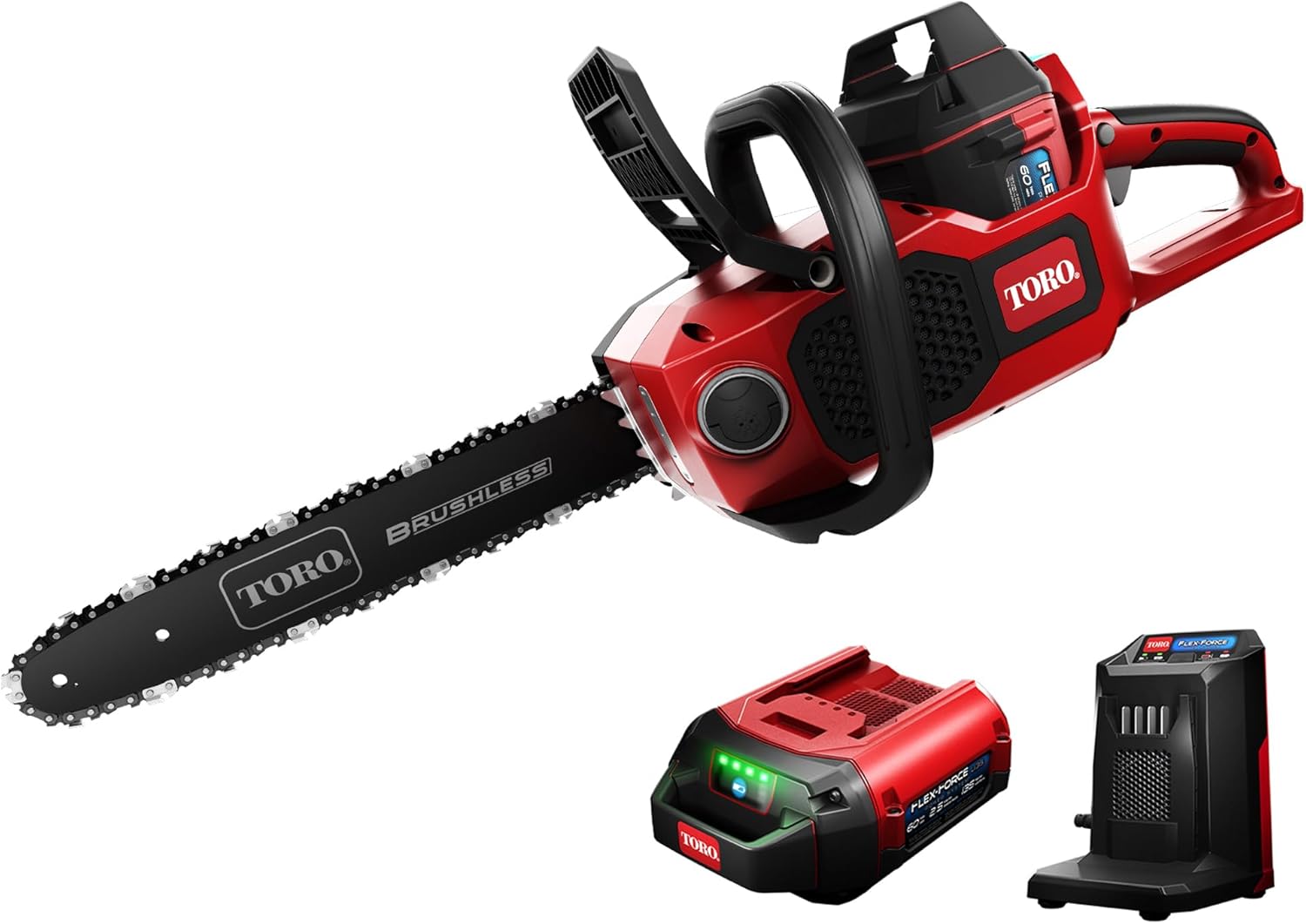 Flex-Force 60 Volt Max 16 Inch Lithium Ion Electric Chainsaw with 3 Phase Brushless RunSmart Motor, 2.5 Amp Hours Battery, and Charger, Red - Image 1