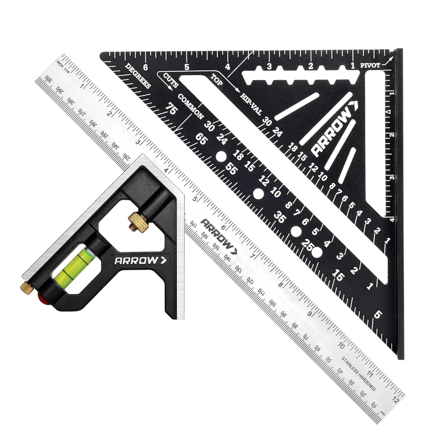 Arrow 7-Inch Aluminum Alloy Carpenter Square and 12-Inch Zinc Alloy Combination Square Set, Woodworking Rafter Layout Ruler Tool Combo - Image 1