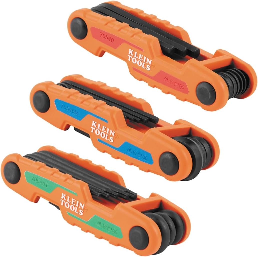 Klein Tools 70543 3-Piece Compact Folding Hex Key Set, Metric, SAE, Torx Sizes, 25 Keys, Industrial Strength Heat Treated Alloy Steel - Image 1