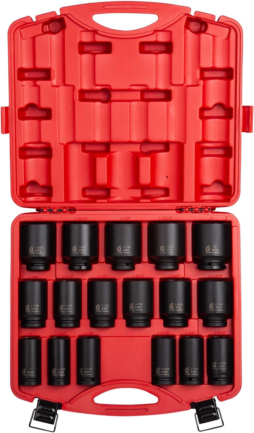 SUNEX TOOLS 4685, 3/4 Inch Drive Deep Impact Socket Set, 17-Piece, SAE, 1"-2", Cr-Mo Steel, Radius Corner Design, Dual Size Markings, Heavy Duty Storage Case - Image 1