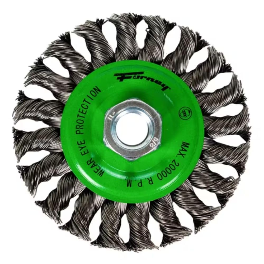 Forney 72749 Wire Wheel Brush, Twist Knot Crimped with 1/2-Inch and 5/8-Inch Arbor, 6-Inch-by-.020-Inch - Image 1