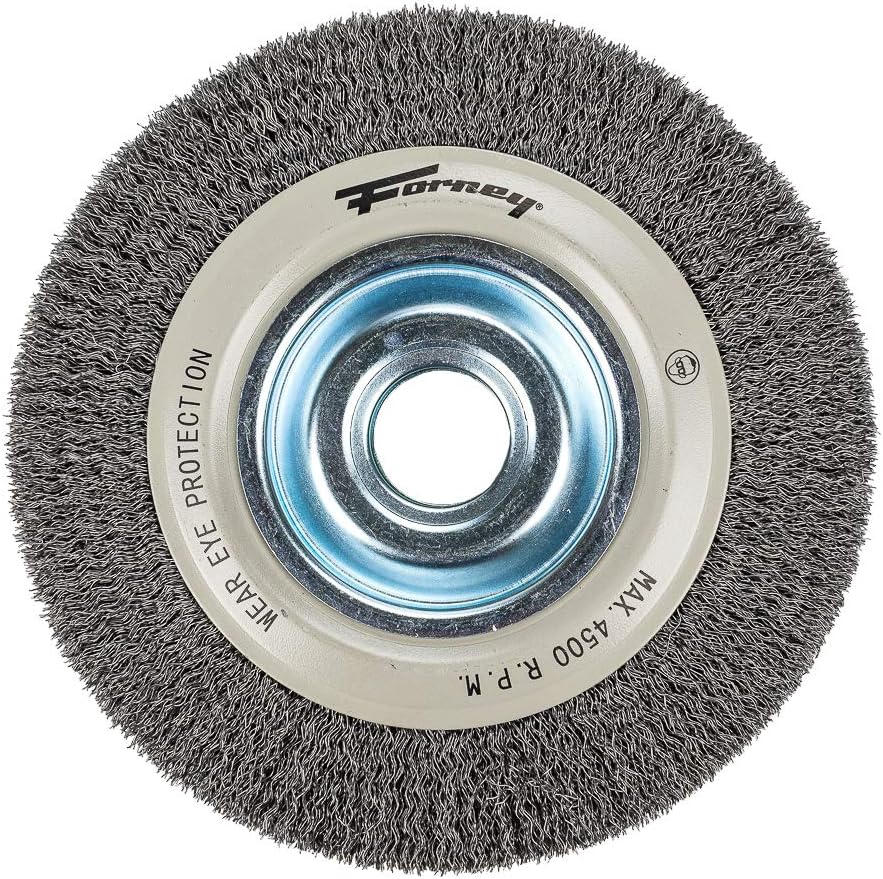 Forney 72897 Wire Bench Wheel Brush, Industrial Pro Crimped with 1/2-Inch Through 2-Inch Multi Arbor, 8-Inch-by-.012-Inch - Image 1
