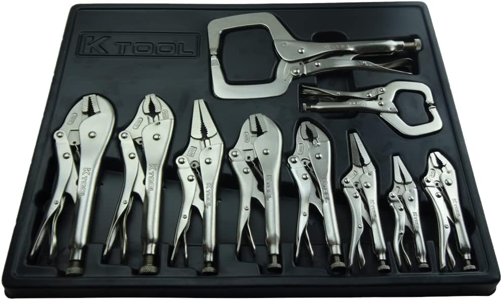 K Tool International 58730 Automotive Vice Grip Locking Straight, Curved Jaw, Needle Nose Plier Set for Garages, Repair Shops, and DIY, Heat Treated Nickel Plated Steel, Organizing Tray, 10 Piece - Image 1