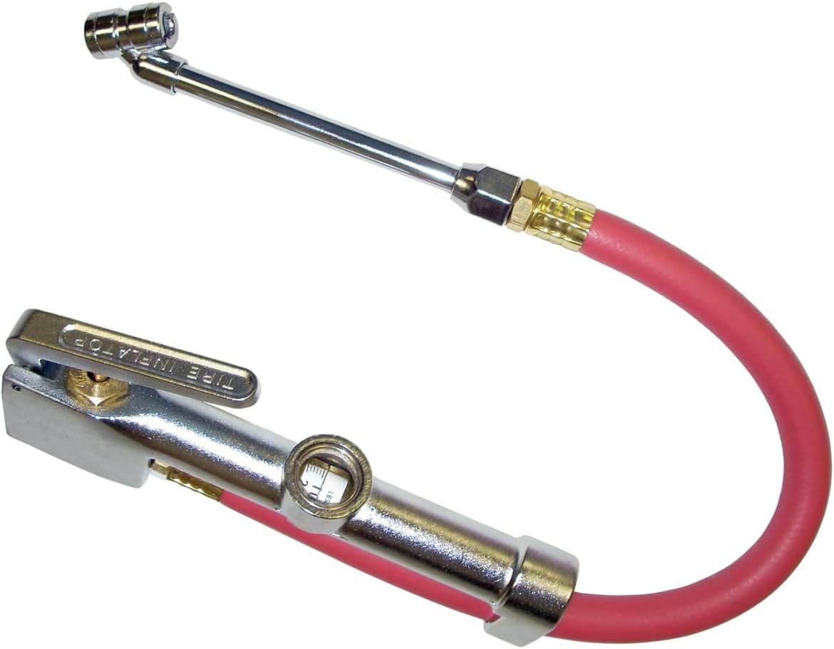 K Tool International 89002 Tire Inflator Gauge with Dual-Head Chuck for Garages, Repair Shop and DIY, 15" Air Hose, 1/4" NPT, 10 to 120 PSI, Chrome Plated Head, Weather Proof Aluminum Body, Angled Tip - Image 1
