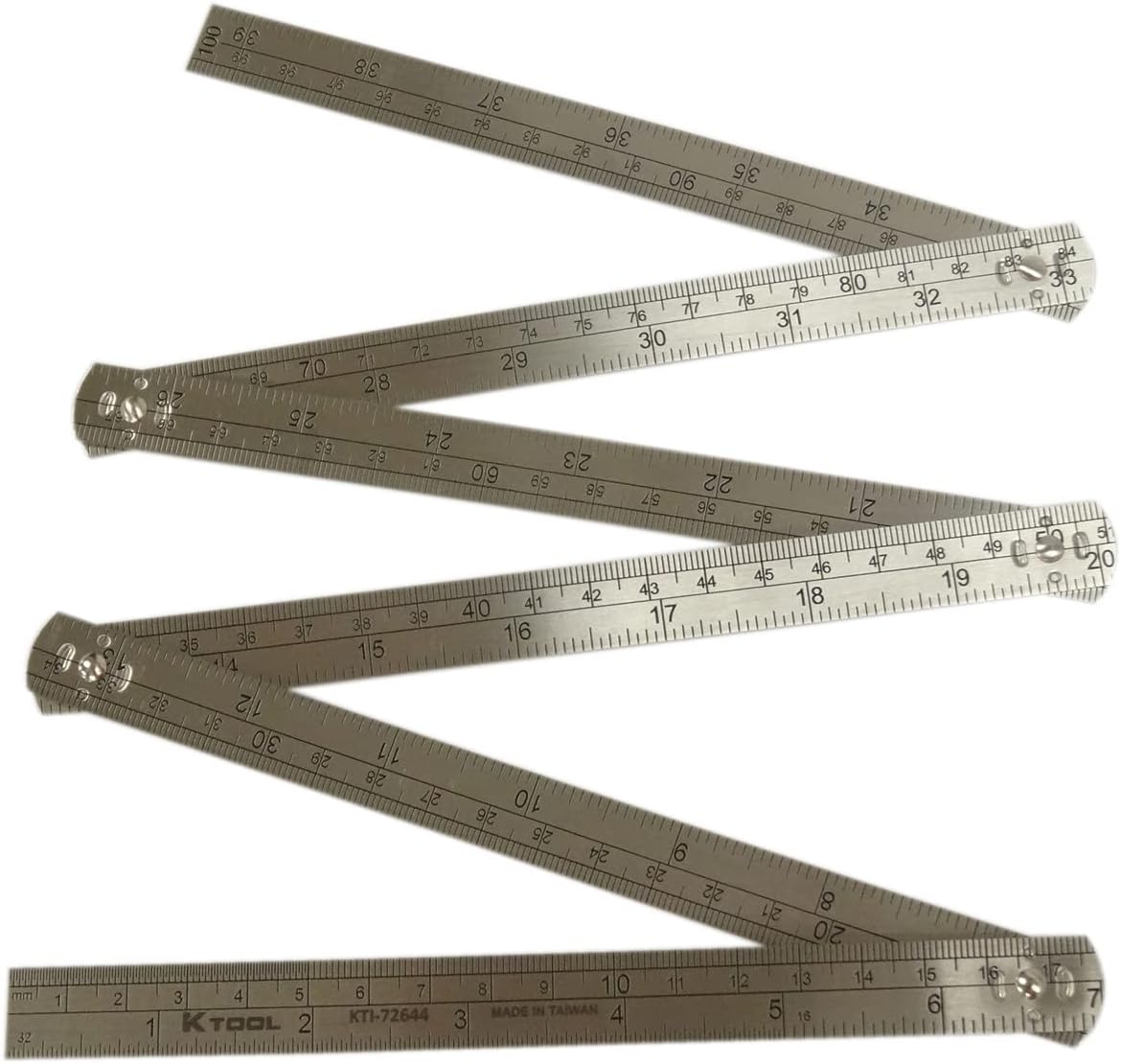 K Tool International 72644 3' Folding Steel Ruler for Garages for Repair Shops and DIY, Stainless Steel, Etched SAE and Metric Measurements, 6" Folding Joints, 15mm W x .06mm - Image 1