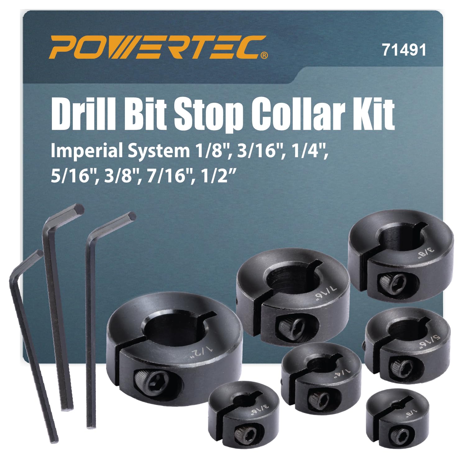 POWERTEC Drill Bit Stop Collar Set, 7 Piece Set Adjustable Drill Bit Depth Stopper with Allen Wrench, Bits Stop with Imperial System Size Markings - 1/8", 3/16", 1/4", 5/16", 3/8", 7/16", 1/2” (71491) - Image 1